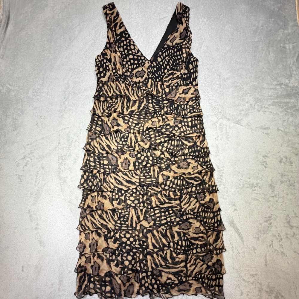 Vintage‎ Jones New York 12 Brown Silk Animal Print Tiered Ruffle V-Neck Dress